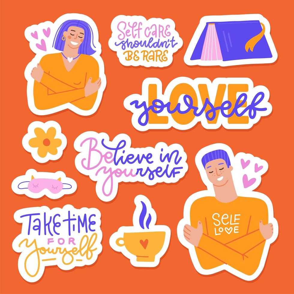 Collection of love yourself stickers. Love, care, me time concept. Cute woman and man hugging themselves. Set of heart shape and lettering elements. Flat hand drawn vector illustration