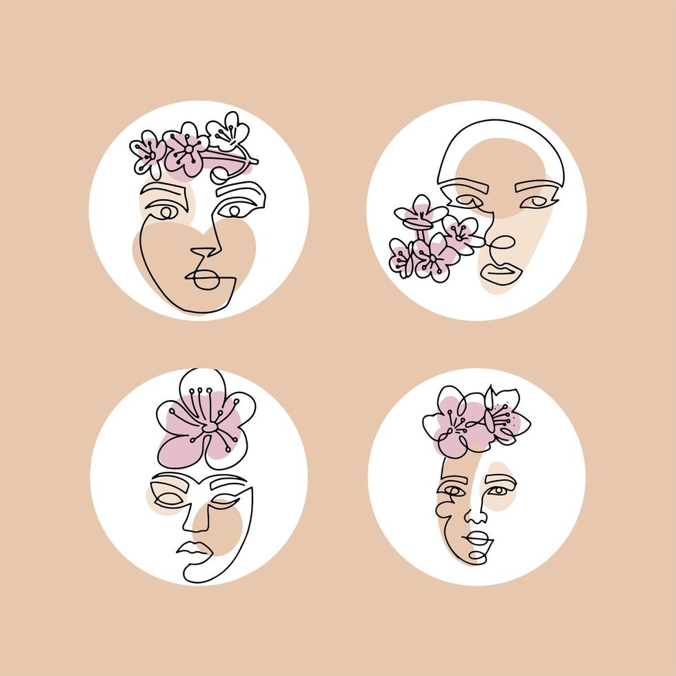 Abstract continuous line female faces with flowers set. Social media highlight stories round covers with people doodle hand drawn face contemporary style. Vector linear art.