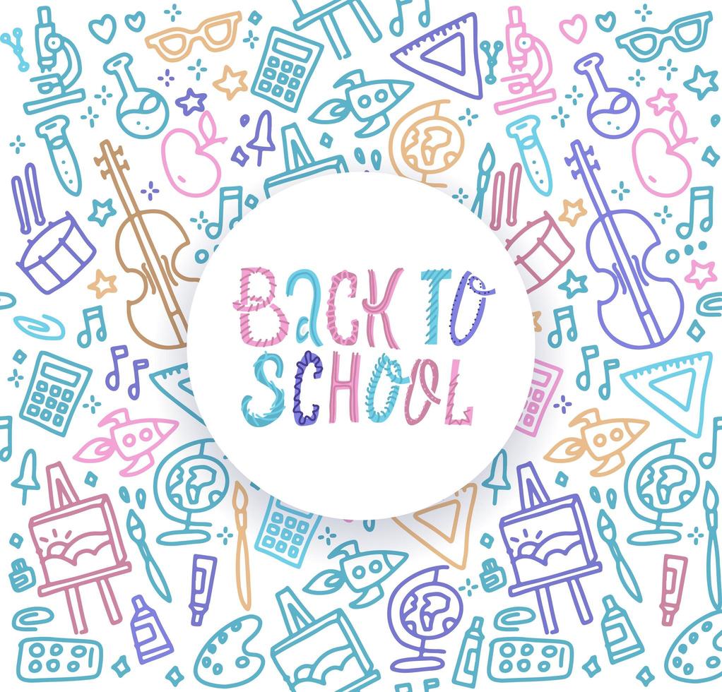 Back to School banner with texture from colorful line art icons of of education, science objects and office supplies on the notebook background. vector
