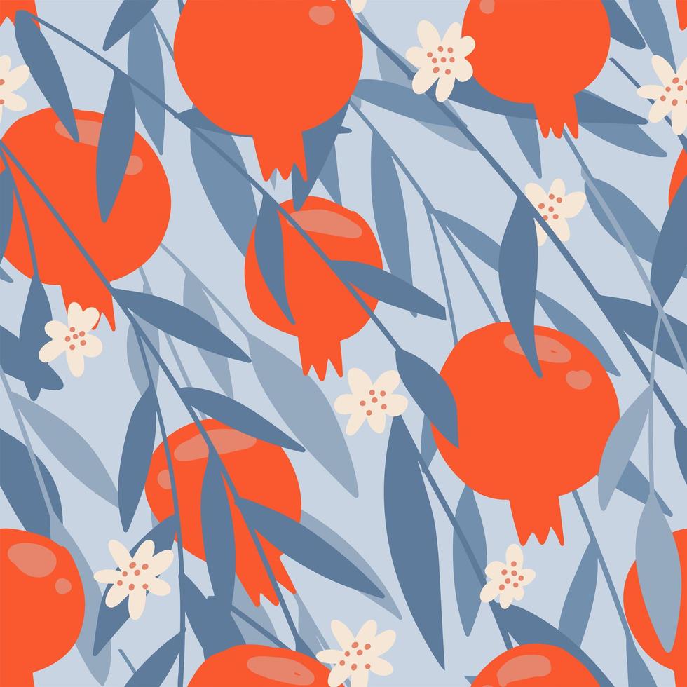 Pomegranate fruit seamless pattern template with blue leaves. Botanical fruit design. Blooming pomegranate. Vector flat hand drawn illustration.