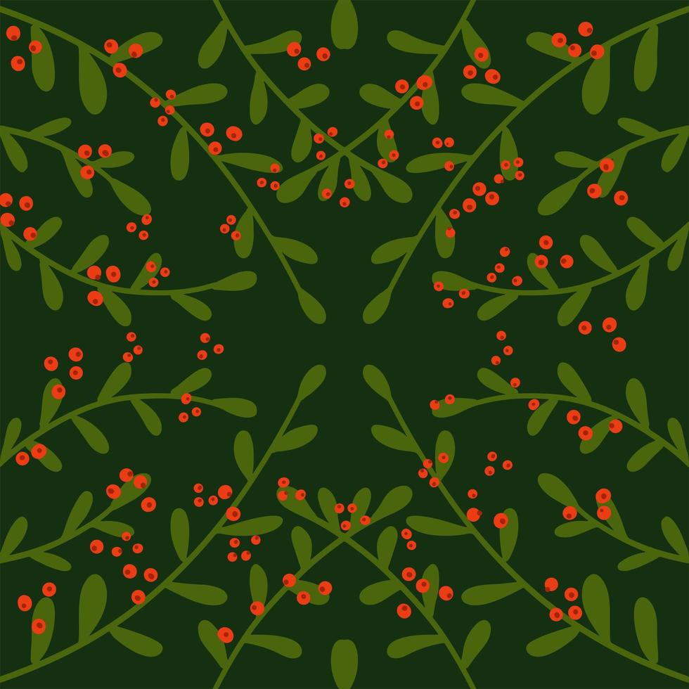 Christmas square background of leaves and berries branches on green background. Design for winter holidays greeting background or wrapping papers etc. vector