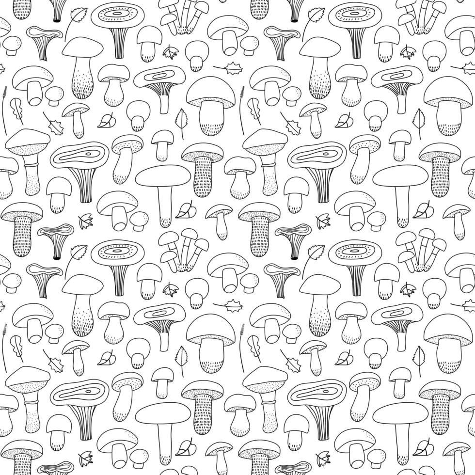 Edible Mushrooms and leaves seamless pattern on an isolated white background. Forest, mushroom print for textiles in hand drawn doodle style. Black-white pattern. Vector linear illustration.