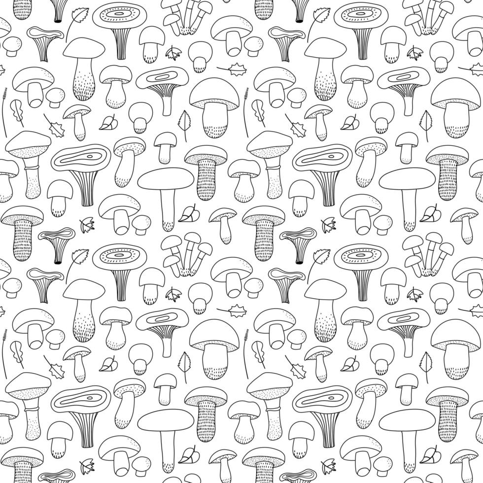 Edible Mushrooms and leaves seamless pattern on an isolated white background. Forest, mushroom print for textiles in hand drawn doodle style. Black-white pattern. Vector linear illustration.