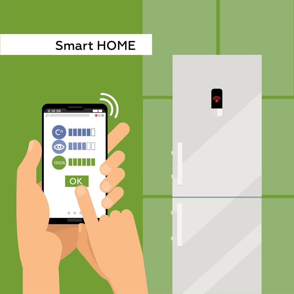 Fridge operated via smartphone with wi-fi. Refrigerator and mobile phone with remote control app. Internet of things concept. Male Hands with cellphone,finger touching screen. Vector flat illustration