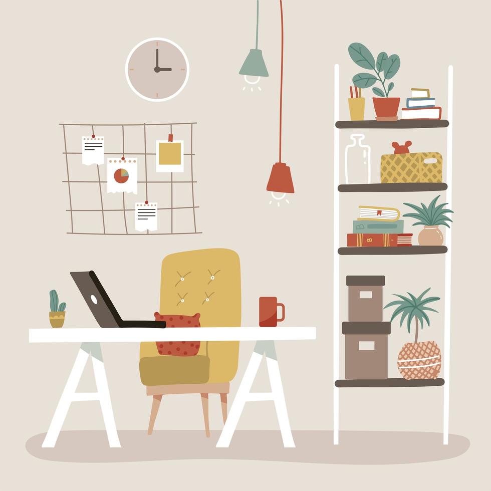 Comfy office workplace with table, bookcase, shelves stand with books, mood board. Design for web site, banner, brochure for business. Vector hand drawn flat illustration in scandinavian style.