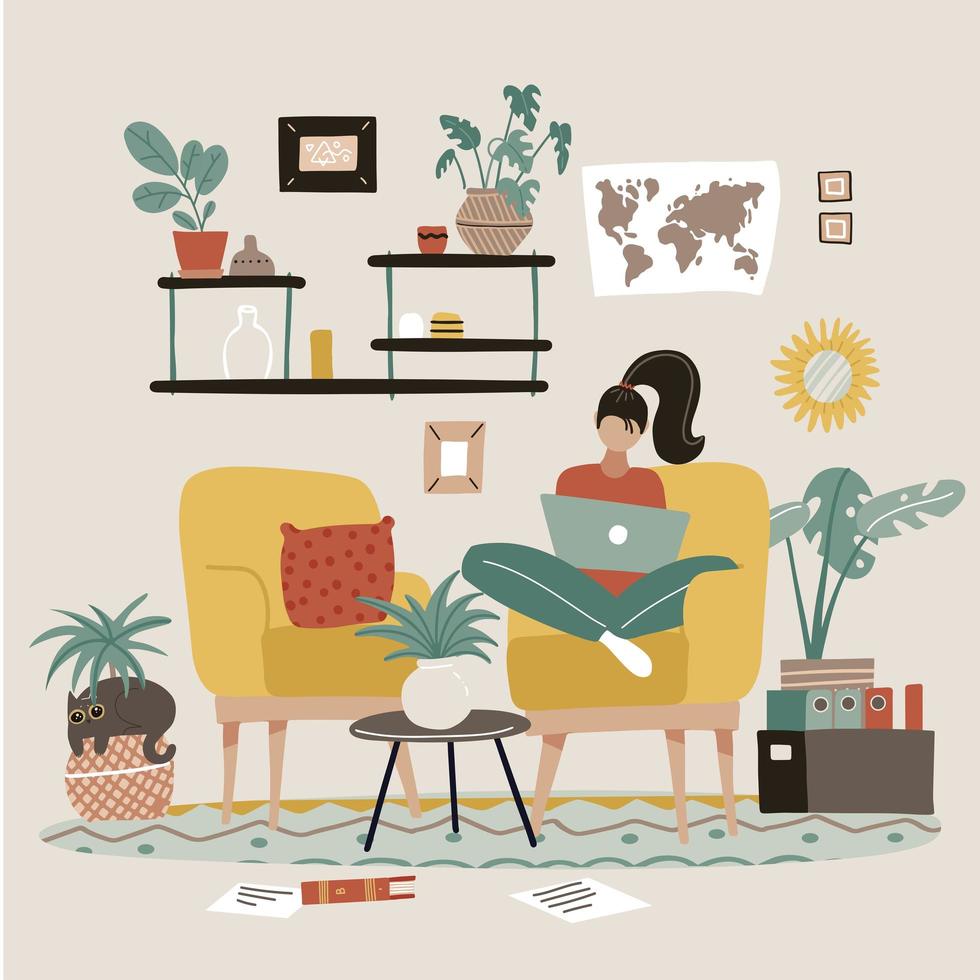 Female freelancer is sitting in armchair with laptop at home. Remote work concept. Interior of room with furniture, shelf, picture in frame, houseplants. Employee working on task at home. Flat vector