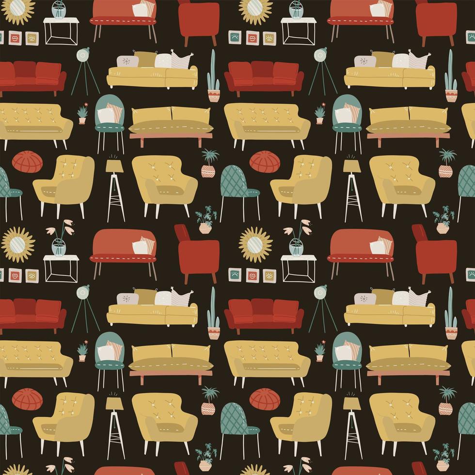 Seamless pattern of hand drawn furniture and decorative elements. Interior design dark Background for use in design, web site, packing, textile, fabric. Vector flat illustration.