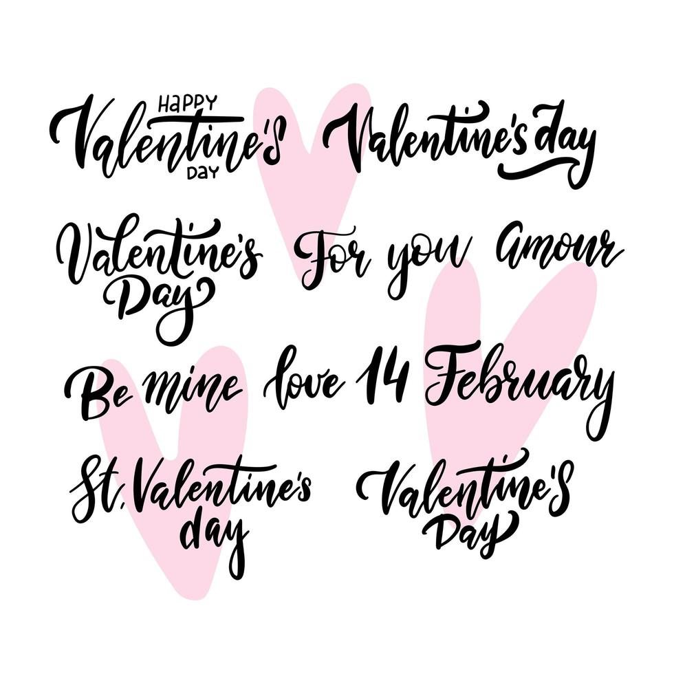 Collection of trendy Valentine s day lettering handwritten with elegant brush font. Romantic phrases, slogans decorated by pink hearts isolated on white background. Hand drawn vector illustration