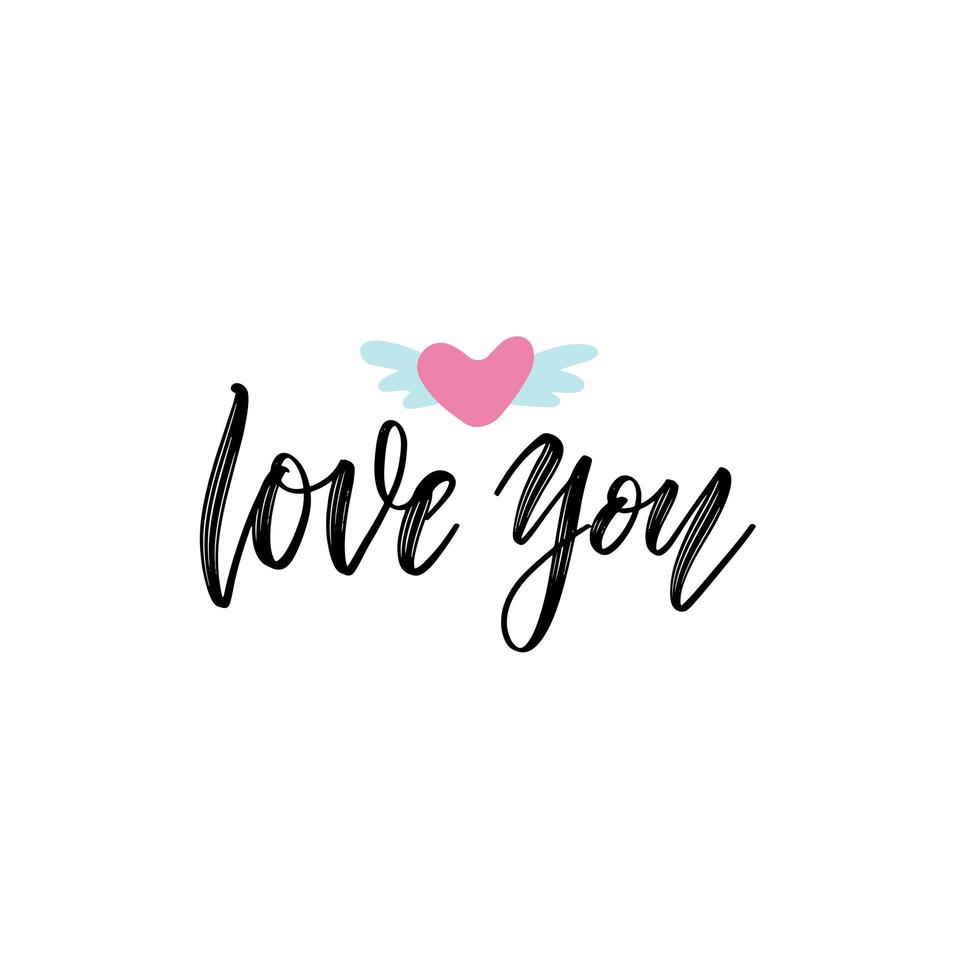 love you- inscription Hand drawn lettering isolated on white background with winged heart flat illustration. Design for holiday greeting card, wedding invitation, Valentine s day, Mother s day vector