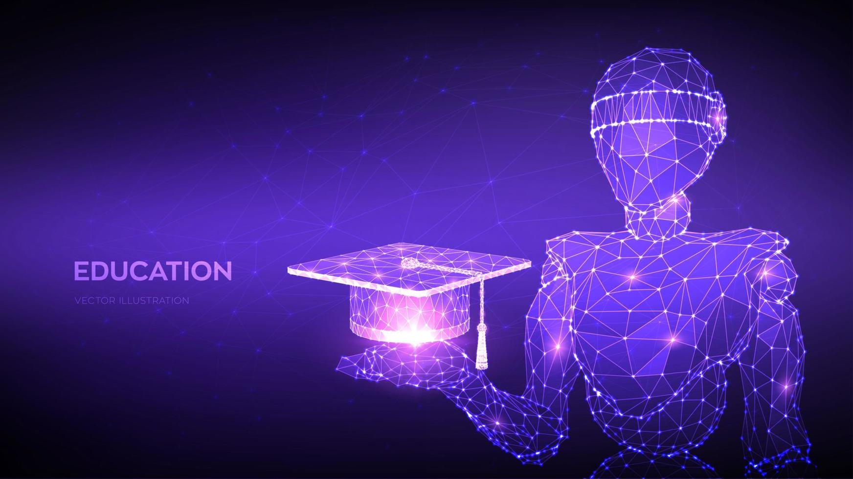 E-learning concept. Abstract 3d low polygonal robot holding Graduation cap or Student hat. Innovative online education. Distance graduate certificate program. Academic study. Vector illustration.