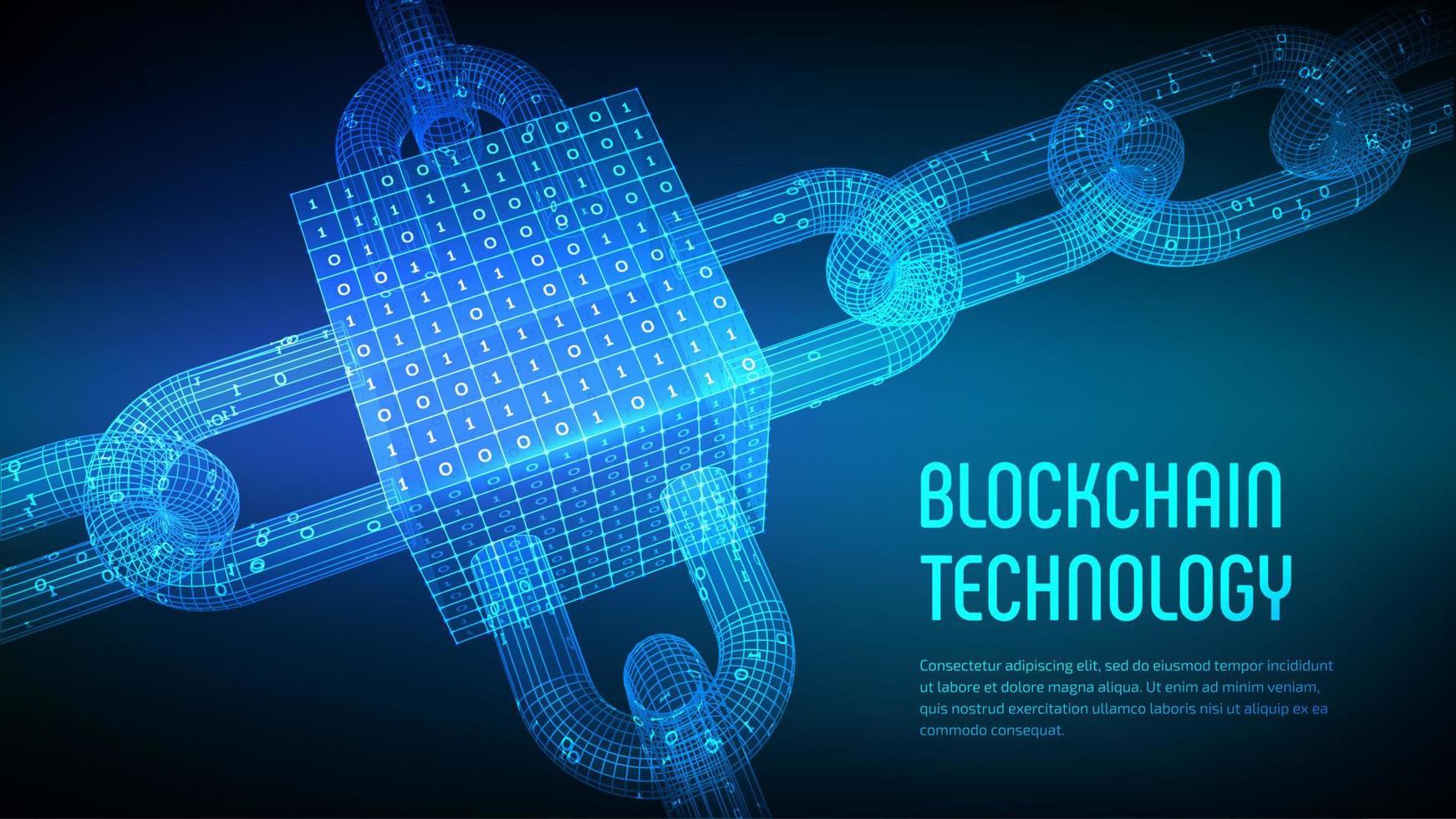 Block chain. Crypto currency. Blockchain concept. 3D wireframe chain and isometric digital block with digital code. Editable cryptocurrency template. Stock vector illustration.