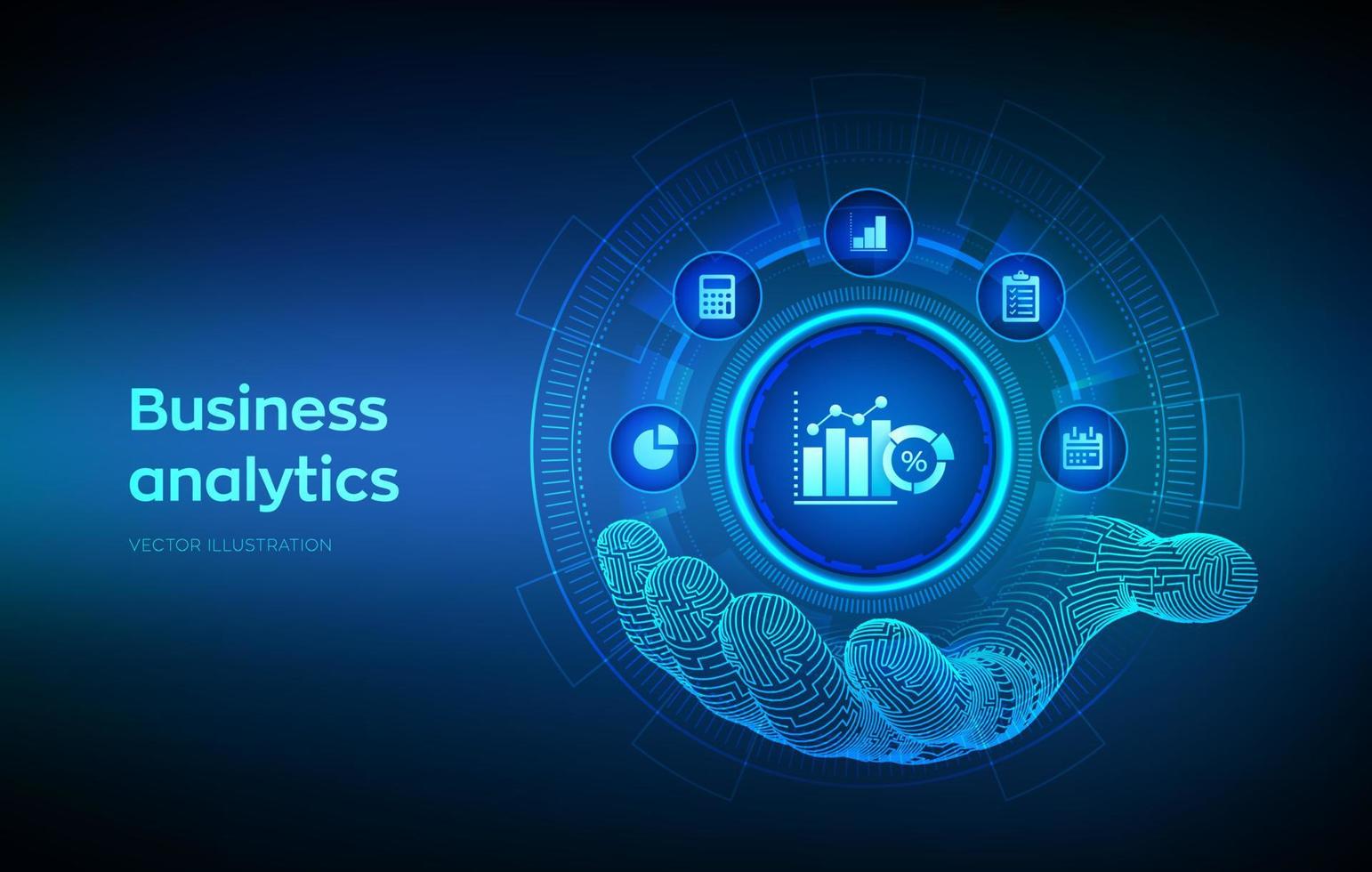 Business data analytics icon in robotic hand. Robotic process automation concept on virtual screen. Profit and revenue of company, BI or KPI concept. Vector illustration.