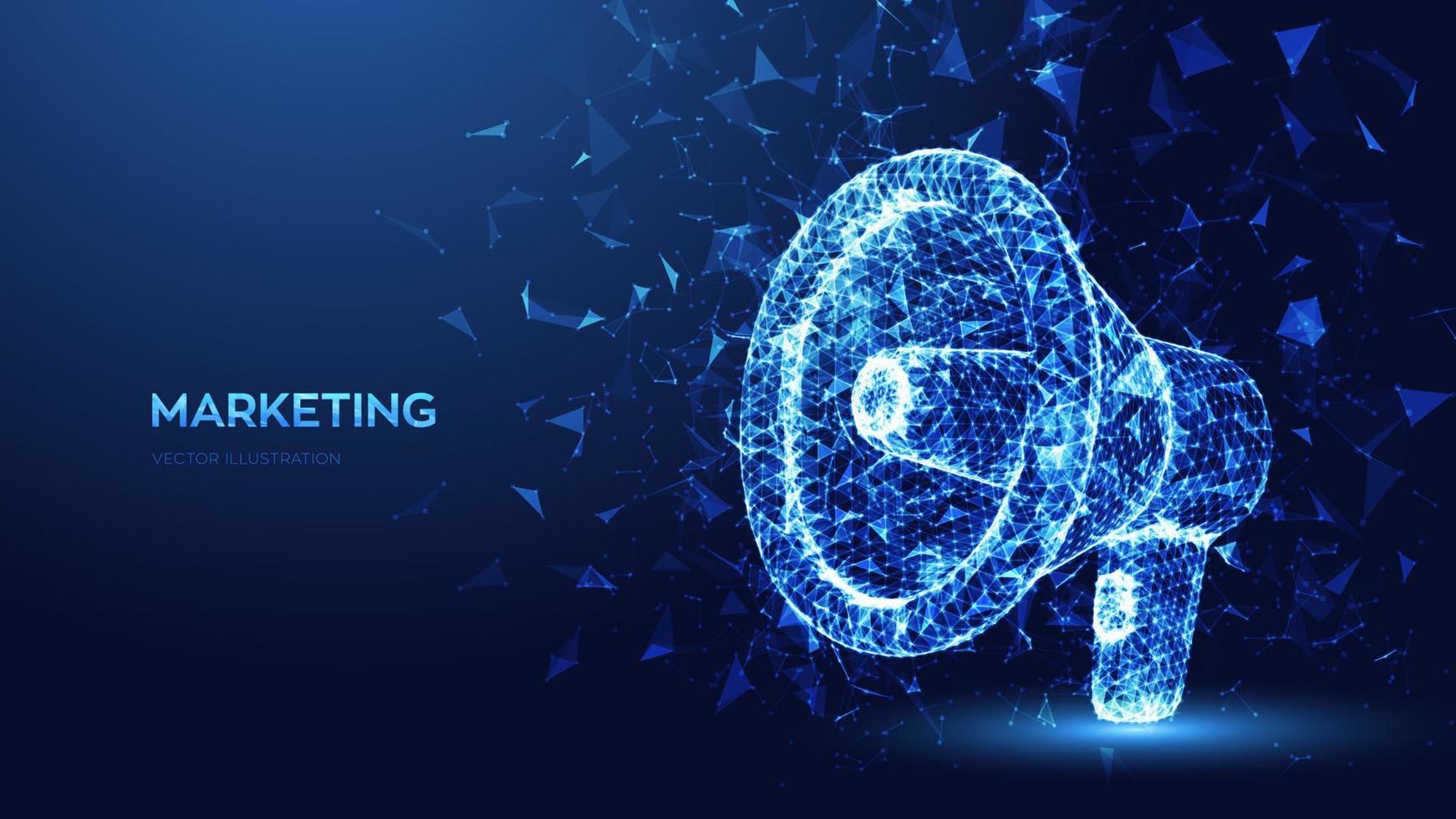 Megaphone. Marketing concept. Abstract 3d megaphone, loudspeaker made of polygons, triangles, points and lines. Online or digital marketing low polygonal wireframe blue background. Vector illustration
