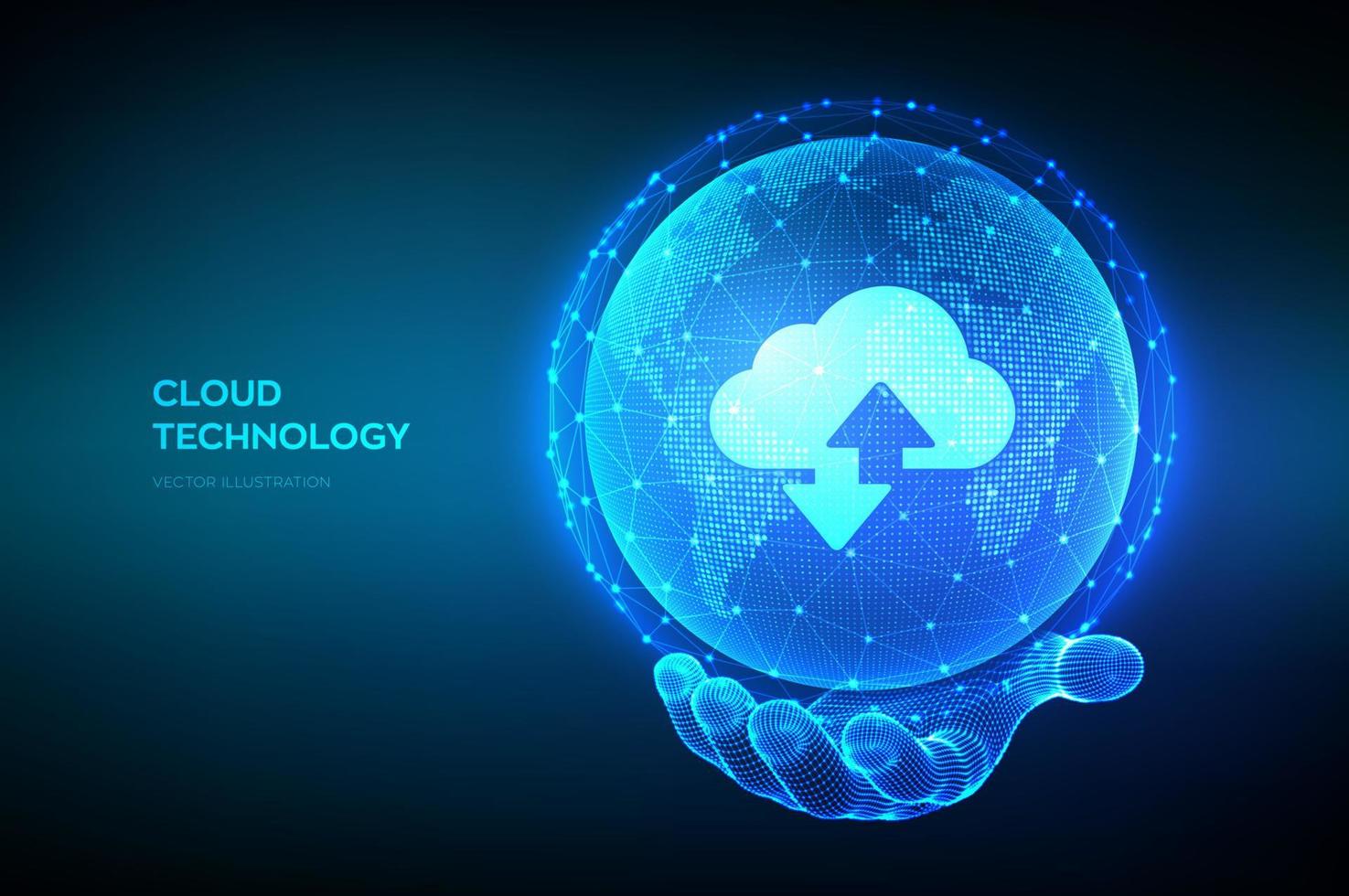 concepto abstracto de tecnología de datos en la nube. icono de almacenamiento en la nube con dos flechas hacia arriba y hacia abajo en el fondo del mapa mundial. servicio de computación en la nube. globo terráqueo en mano de estructura metálica. ilustración vectorial vector