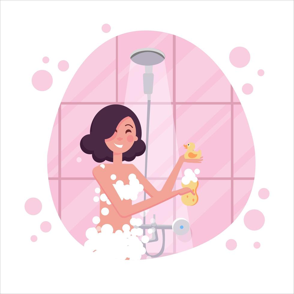 Woman Washing Herself With Sponge In Shower, Part Of People In The Bathroom Doing Their Routine Hygiene Procedures Series. Flat cartoon vector illustration.