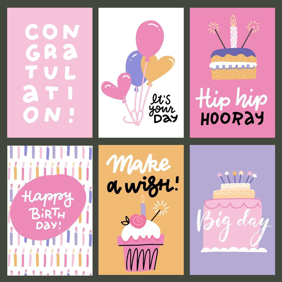 Set of 6 cute creative cards templates with Happy birthday theme design. Hand Drawn card for anniversary, party invitations, scrapbooking. Vector flat hand drawn illustration with lettering