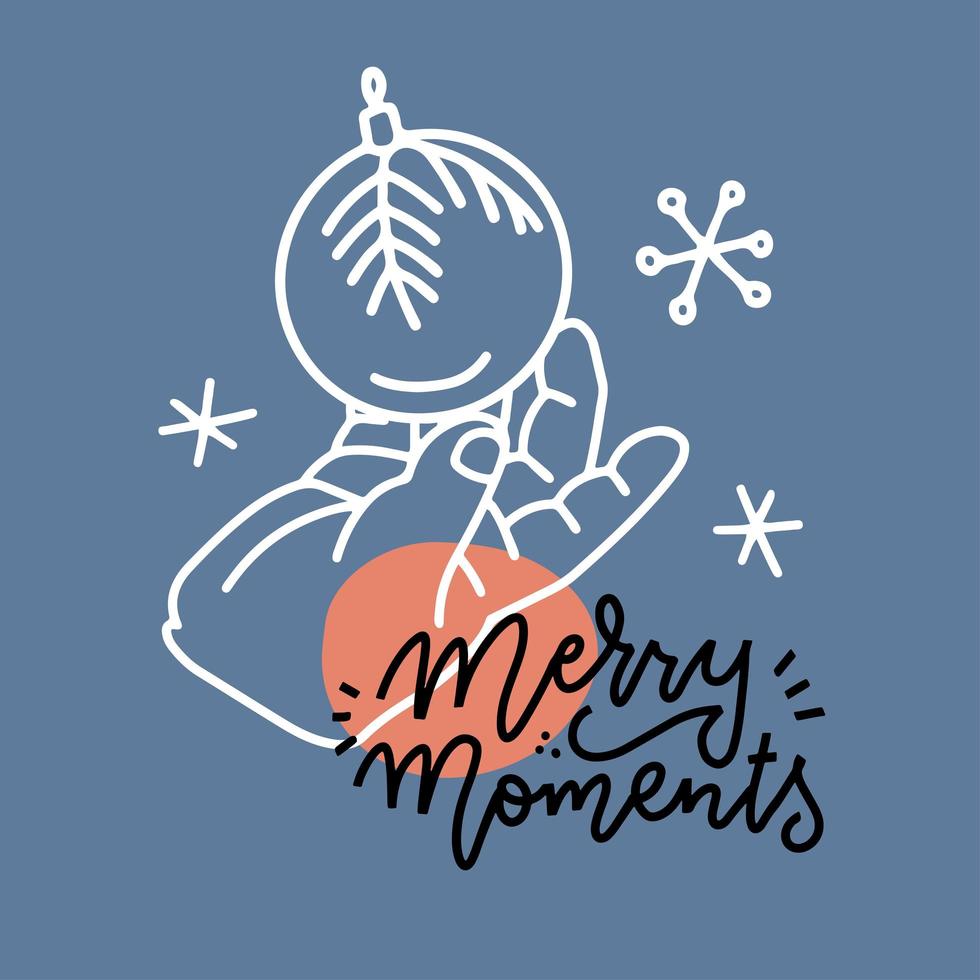 una mano de niño pequeño sosteniendo una bola de navidad de decoración. ilustración de vector lineal con cita de letras momentos felices. elegante tarjeta de felicitación minimalista.