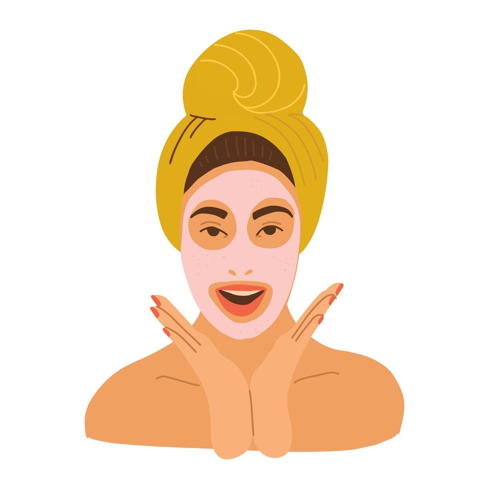 A young woman with yellow towel on her head, with a cosmetic mask on her face. Vector flat hand drawn illustration. Happy girl doing home skin care.