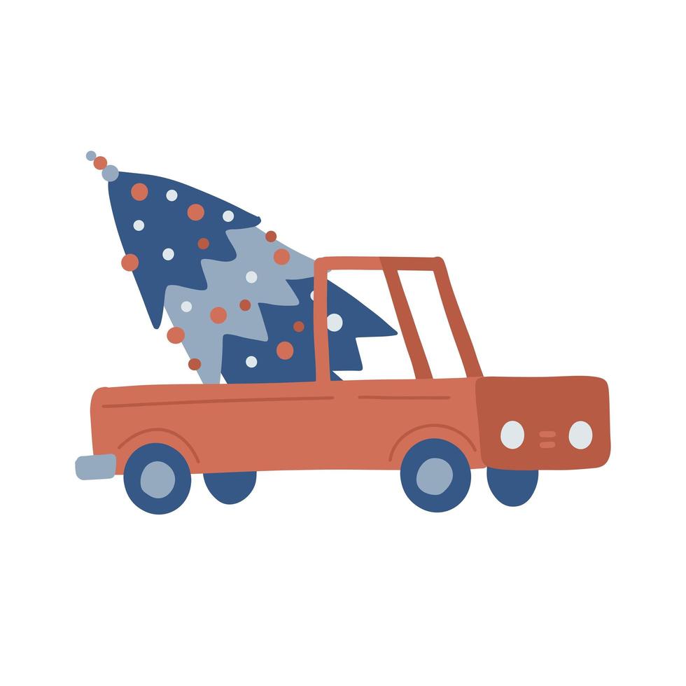 Cute truck with holiday tree. Funny Merry Christmas art. Freehand isolated element. Vector flat hand drawn Illustration. Only 5 colors - Easy to recolor.