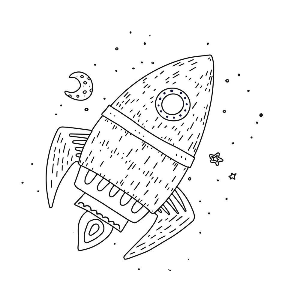Cartoon rocket hand drawn outline illustration. Cute space shuttle clipart. Doodle spaceship. Spacecraft print. Space exploration. Cosmic sticker with Moon an stars. Isolated vector design elements.