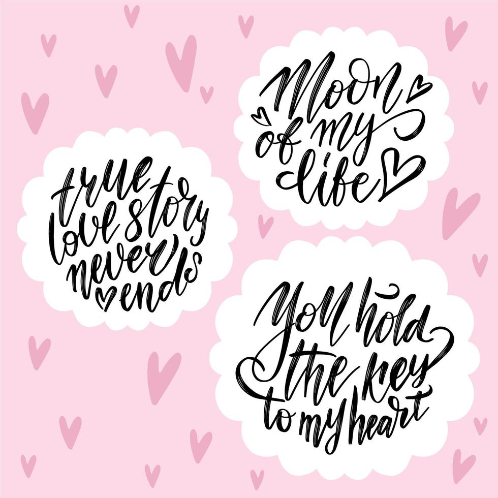 Hand drawn lettering set with romantic phrases about love. Monochrome vector illustration collection on pink background