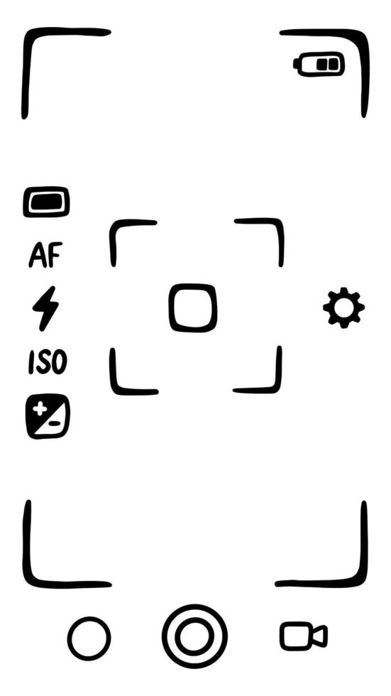 Camera viewfinder application interface on smartphone, screen. Photo shooting mode. Doodle style sketch. Vector illustration.
