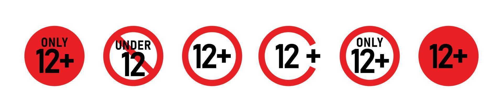 12 plus sign set. Twelve. Age restrictions, censorship, parental control. Icon for content, movies and toys. vector