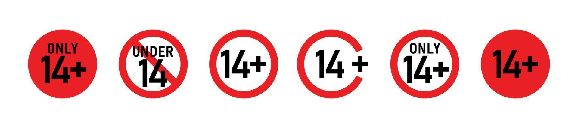 14 plus sign set. Fourteen. For adults only. Age restrictions, censorship, parental control. Icon for content, movies and toys. vector