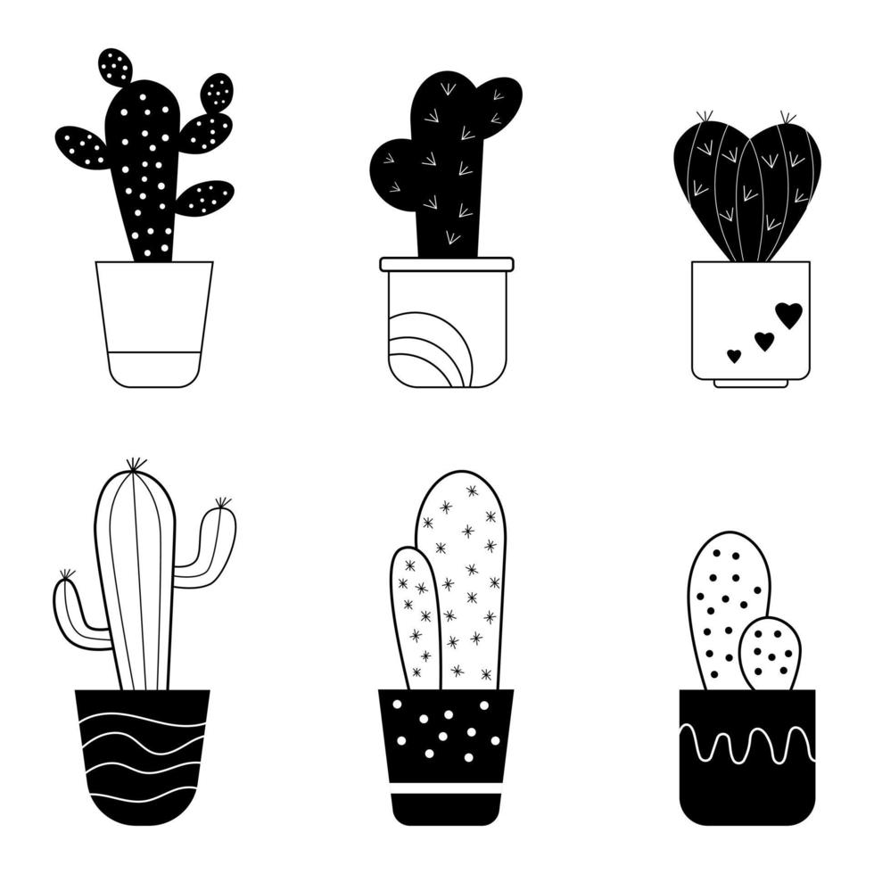 Set of Black cactus in simple style. Pots decorated with lines. Vector illustration on white isolated background.
