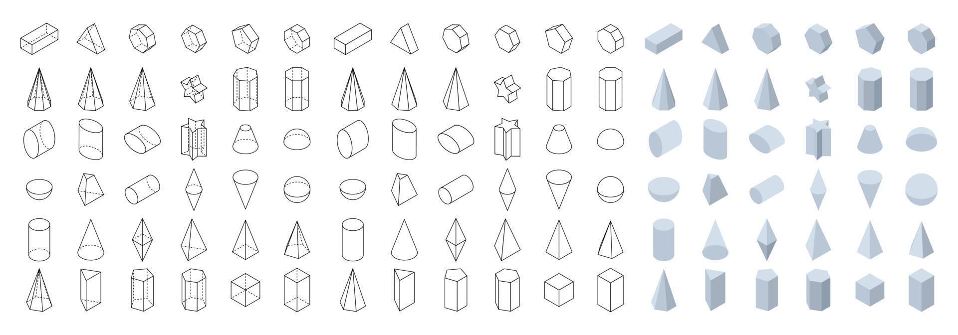 Set of 3d basic geometric shapes. Isometric view. Objects for school, geometry and mathematics. Isolated vector illustration on white background.