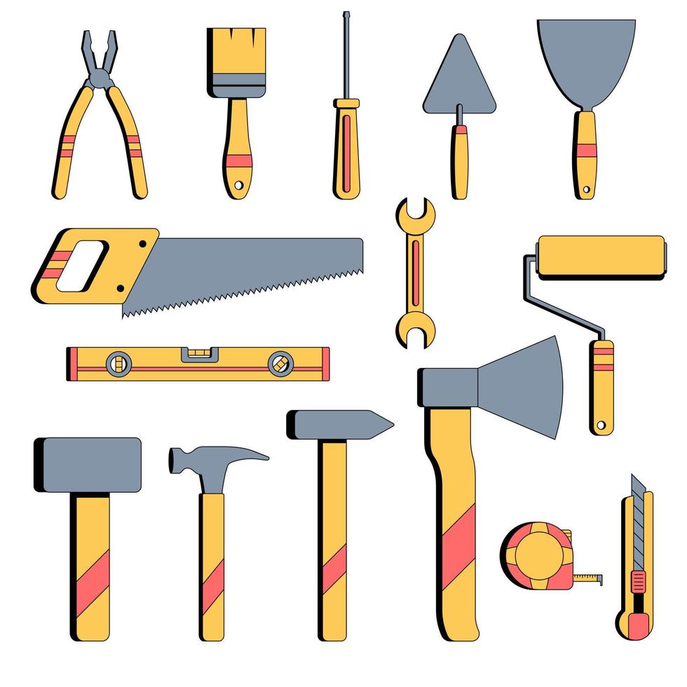 Set of yellow building tools. Repair worker tools. Vector illustration in flat style on white isolated background. Cutter knife, saw, paint roller, brush, wrench, screwdriver, carpenter level.