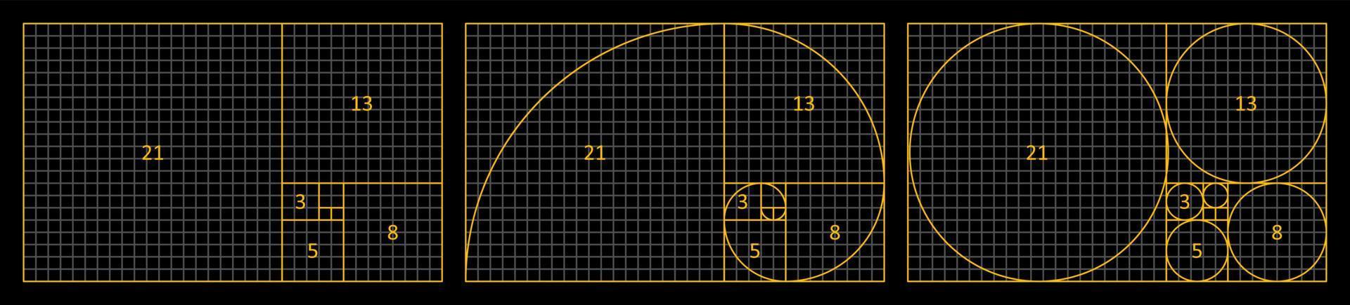 Golden Ratio Fibonacci set. A spiral for harmony, composition, logos and designs. Correct proportions. vector