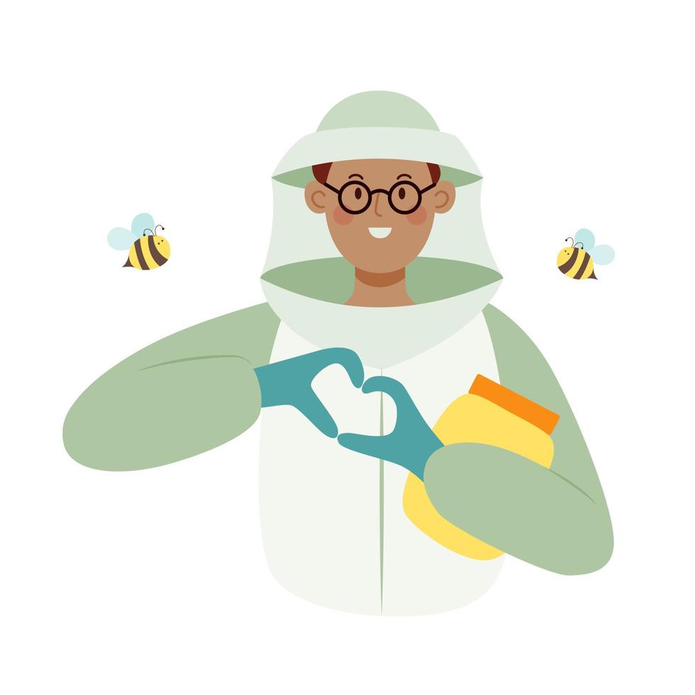 Beekeeper male character in a bee protection suit with a jar of honey. Flat vector illustration isolated on white background.