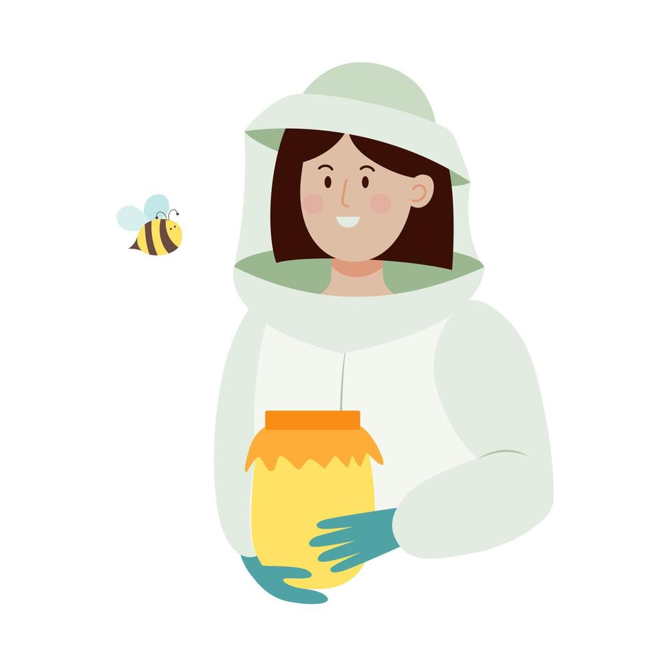 Beekeeper female character in a bee protection suit with a jar of honey. Flat vector illustration isolated on white background.