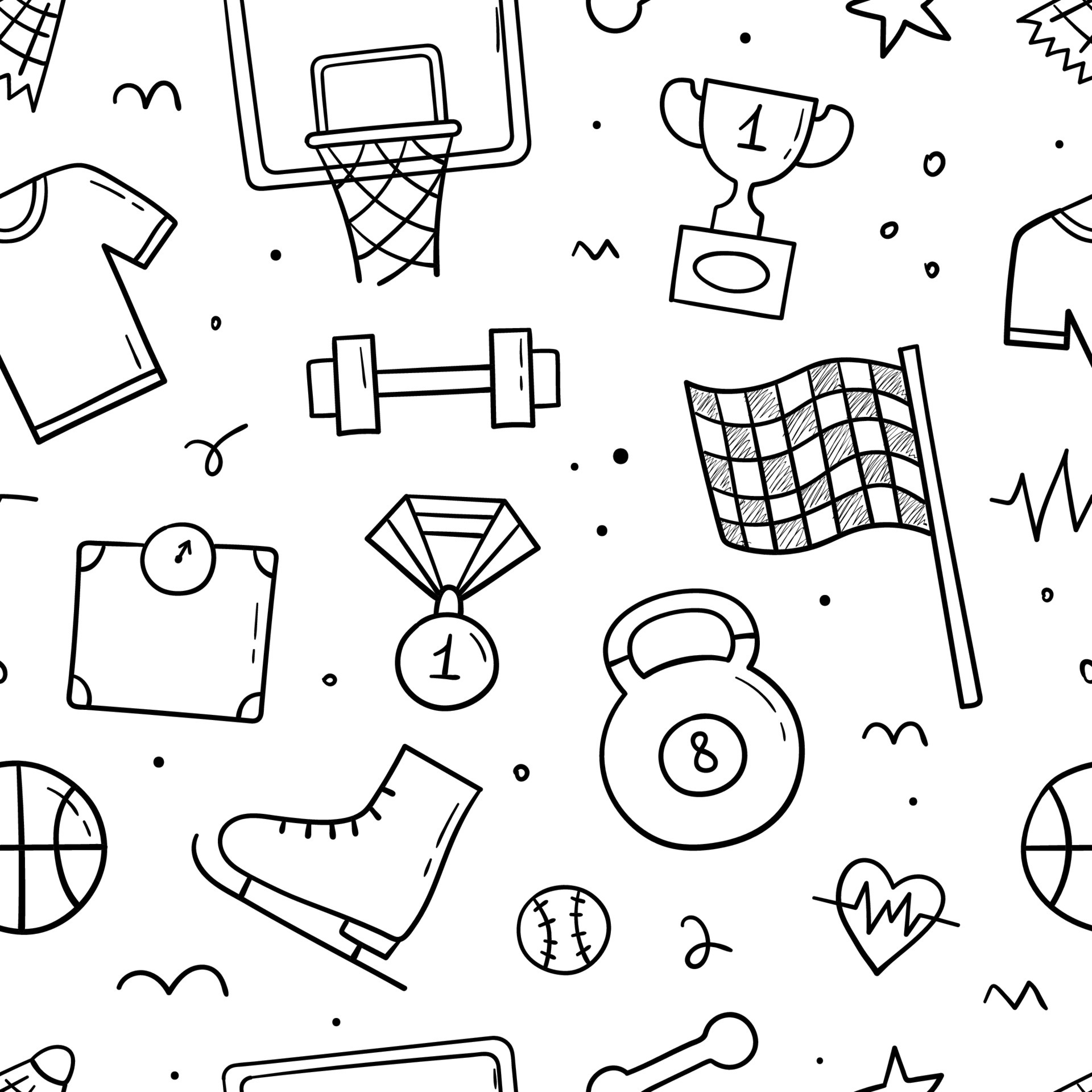 Hand drawn seamless pattern with Sports theme items. Doodle sketch. Vector  illustration for background design. 6050280 Vector Art at Vecteezy