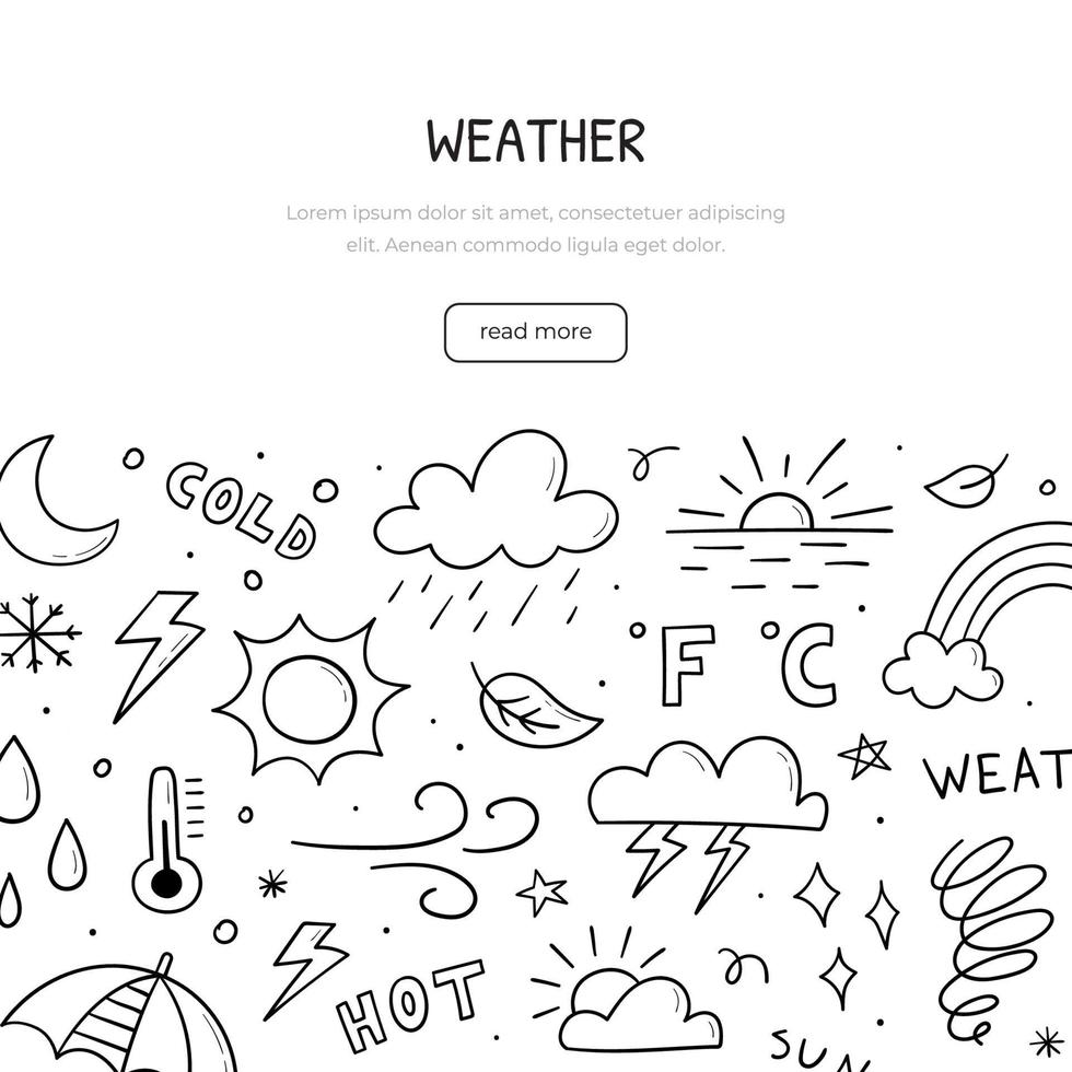 Hand drawn set of weather related objects and elements. Illustration in doodle sketch style for banner, frame, poster design. vector