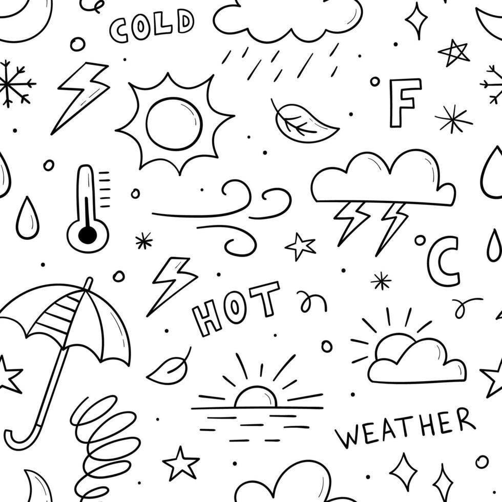 Hand drawn seamless pattern related weather theme, sun, clouds, snowflakes, wind, rain, moon, lightning. Doodle sketch. Vector illustration for background design.