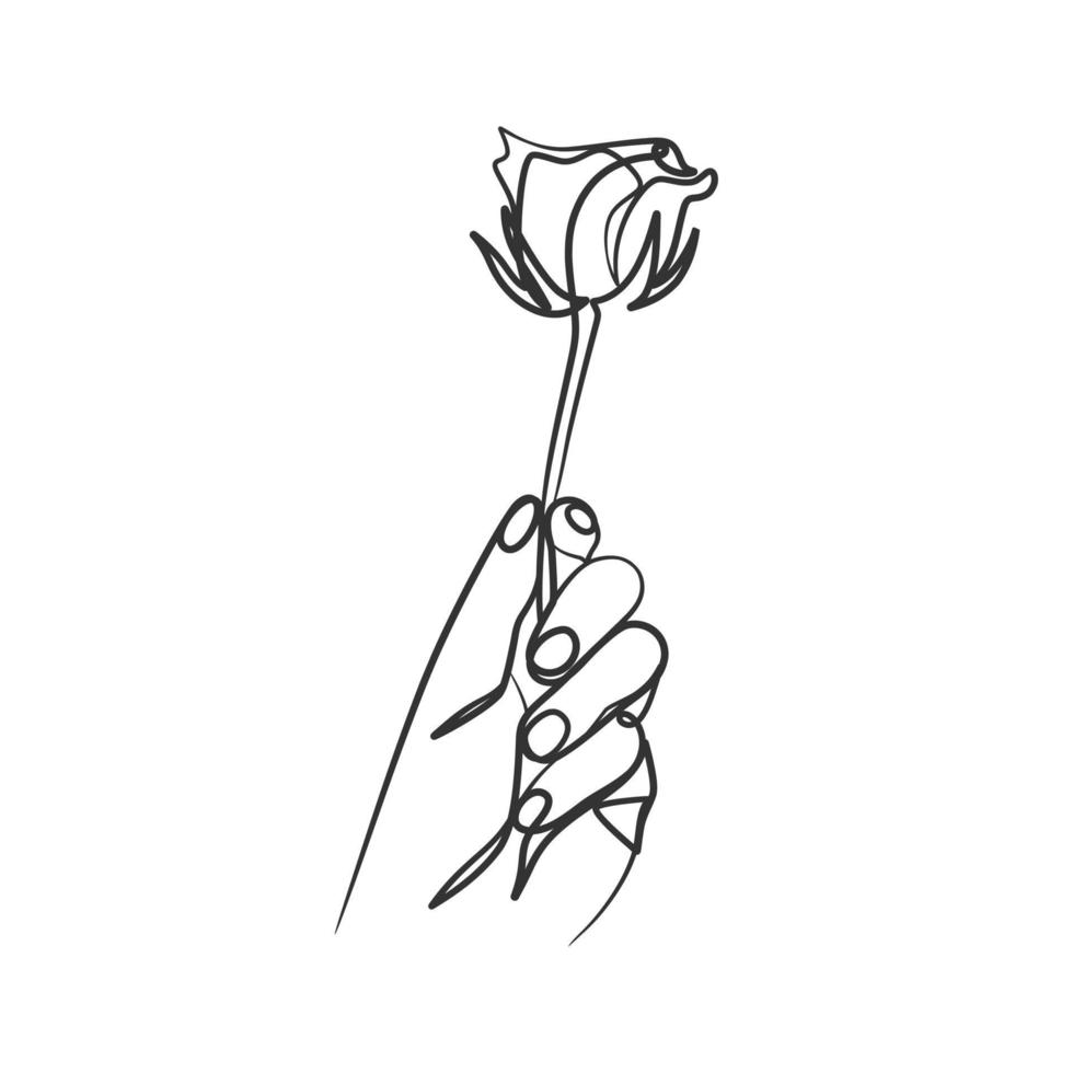 Continuous line art drawing of a hand holding flower vector