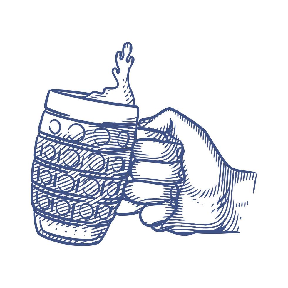 Hand holding glasses of beer line art vector illustration