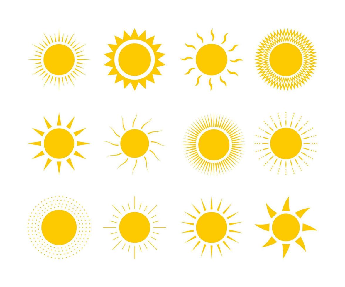 Yellow sun different shapes icons set vector