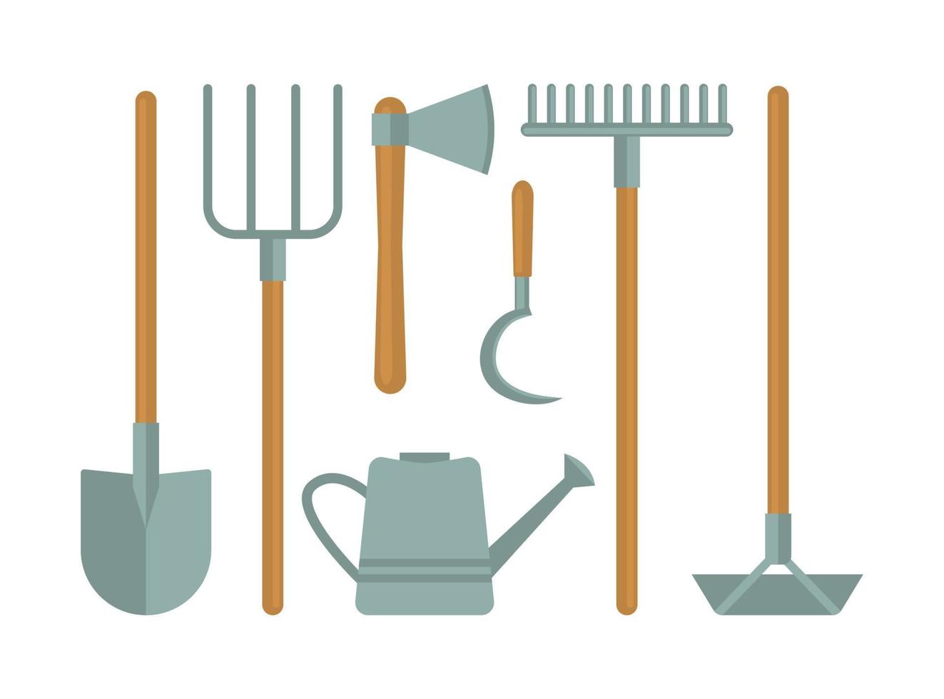 Garden tools set. Shovel, pitchfork, watering can, axe, sickle, rake ...