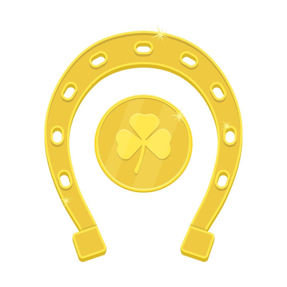 Good luck symbols. Golden horseshoe and gold coin with shamrock. vector