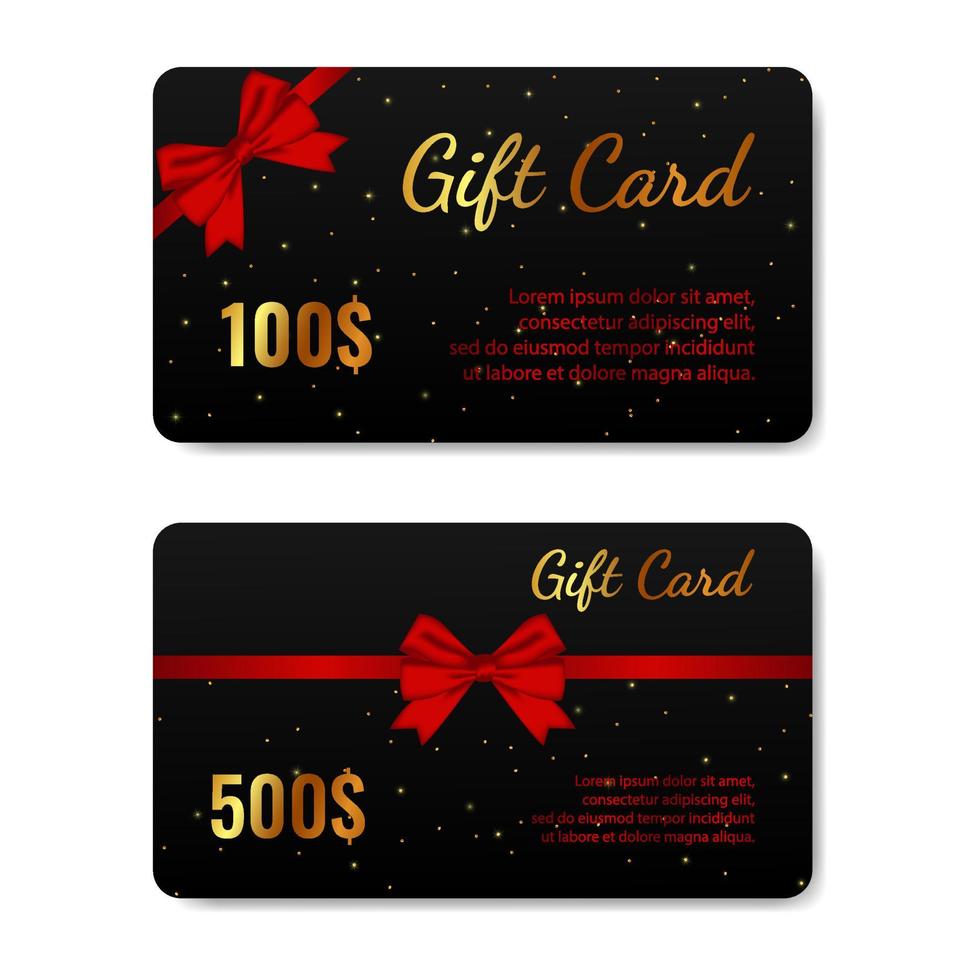 Gift cards with red bow and gold templates set vector