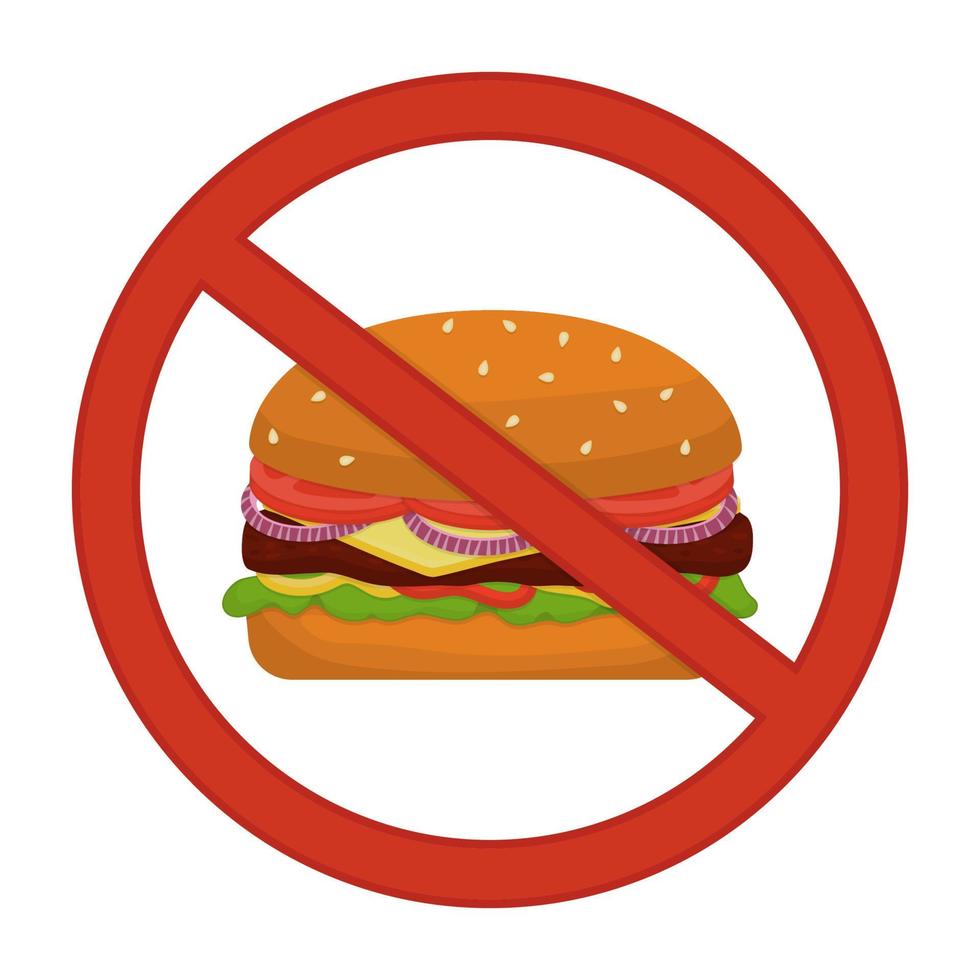 hamburguesa y señal de prohibición. concepto de daño de comida rápida. vector