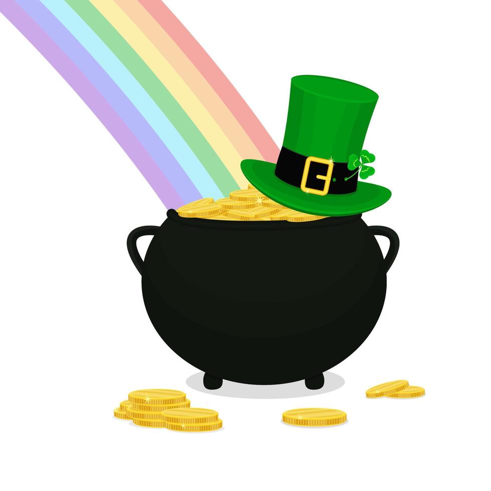 Patrick's day illustration. Pot of gold coins, leprechaun hat and rainbow. vector