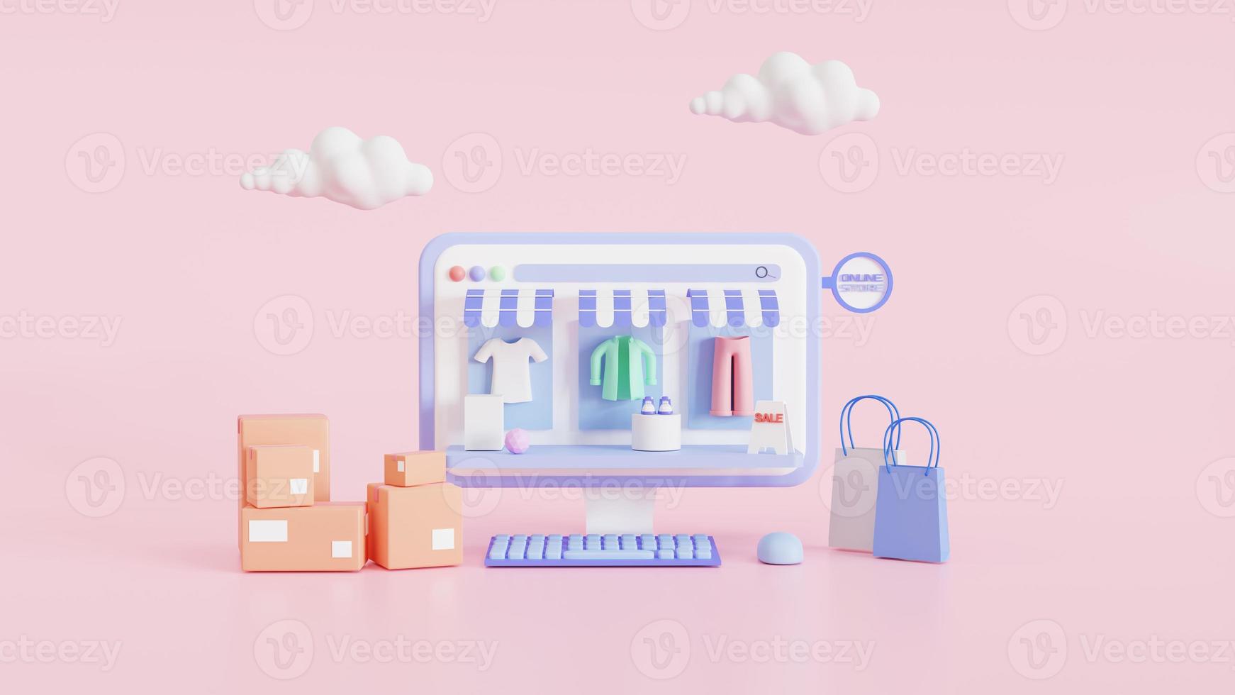 Shopping on-line. Online store on the website application. background. digital marketing shop concept. 3D illustration photo
