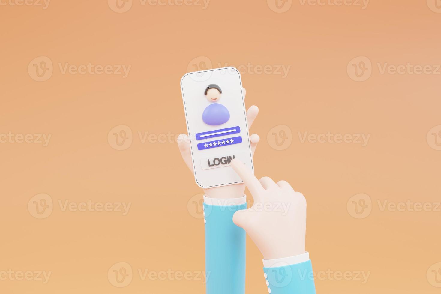 Cartoon hand, Log in to an online account on a smartphone app. User interface. Secure login and password. 3D illustration photo