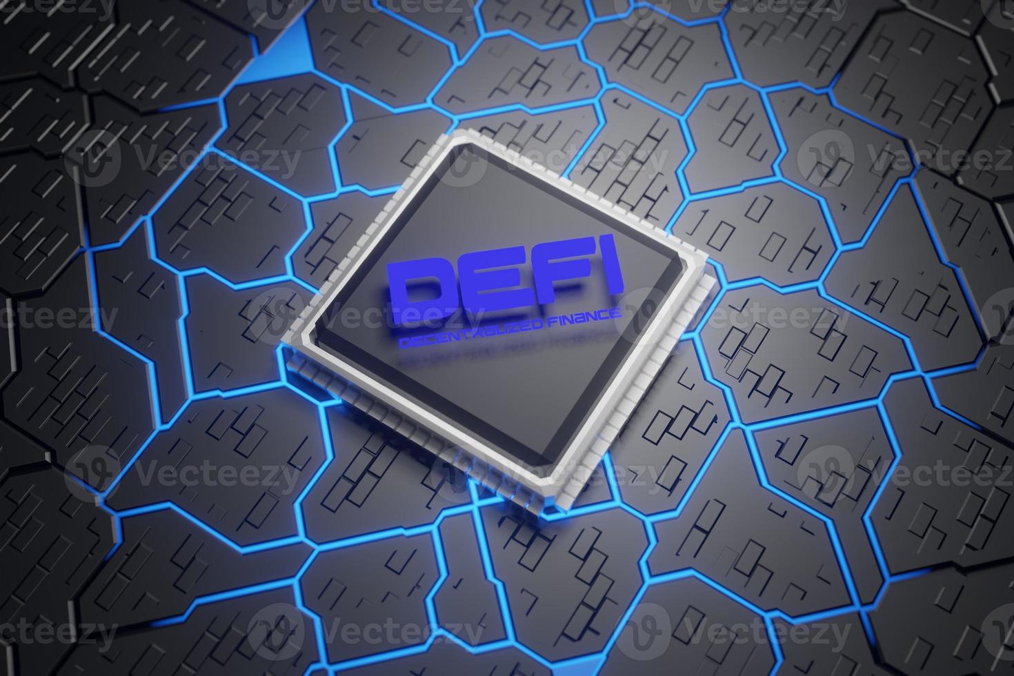 defi -finanzas descentralizadas sobre fondo de cpu azul oscuro. con el concepto de placa de circuito impreso de blockchain, sistema financiero descentralizado. foto