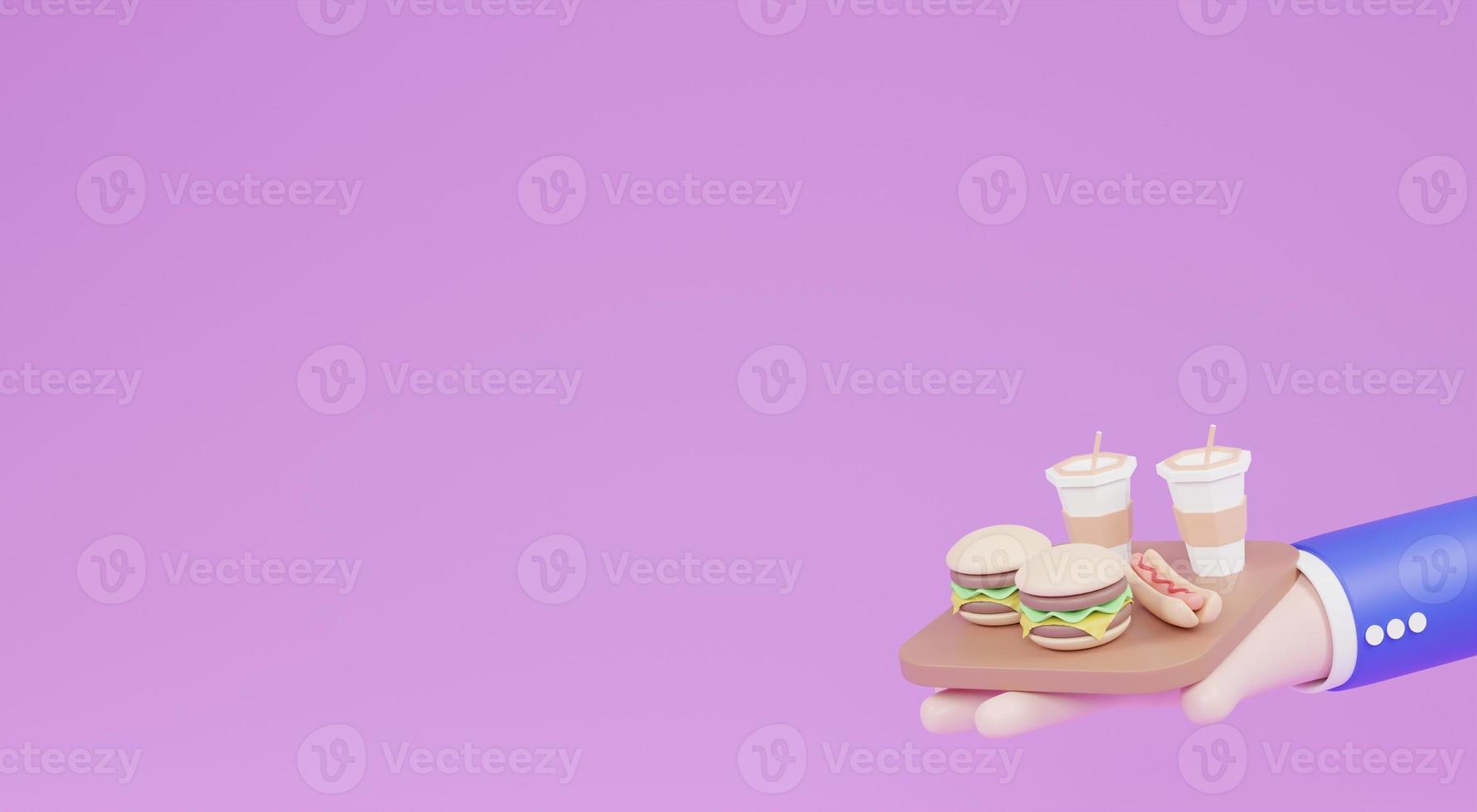 3D illustration Small fast-food hamburger and  hot dog on cartoon hand 3d icons restaurant photo