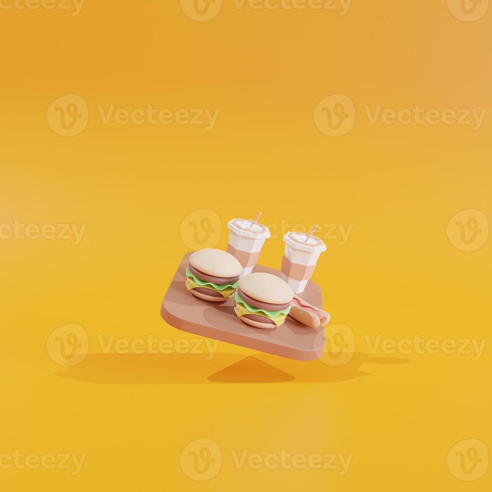 Small fast-food hamburger and  hot dog on yellow background 3d icons restaurant 3D illustration photo